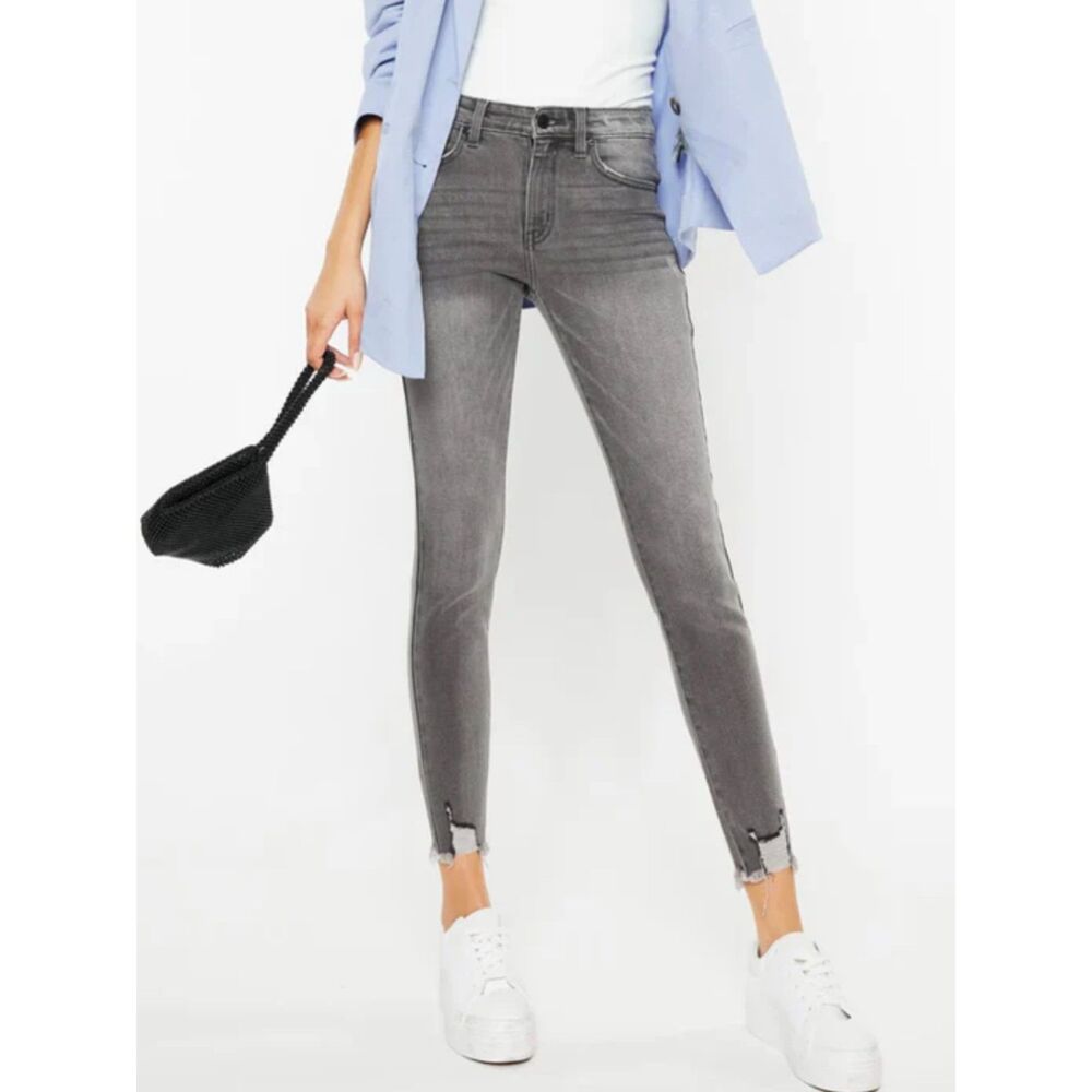 KanCan Leo High Rise Skinny Ankle Jeans Light Gray Distressed Frayed Hem 13/30